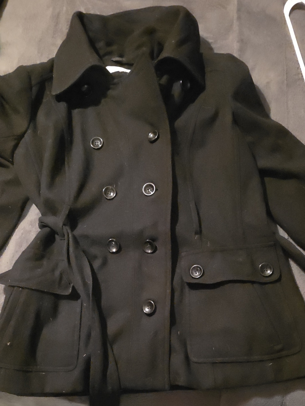 New York & Company Black Double-Breasted Pea Coat with Waist Tie